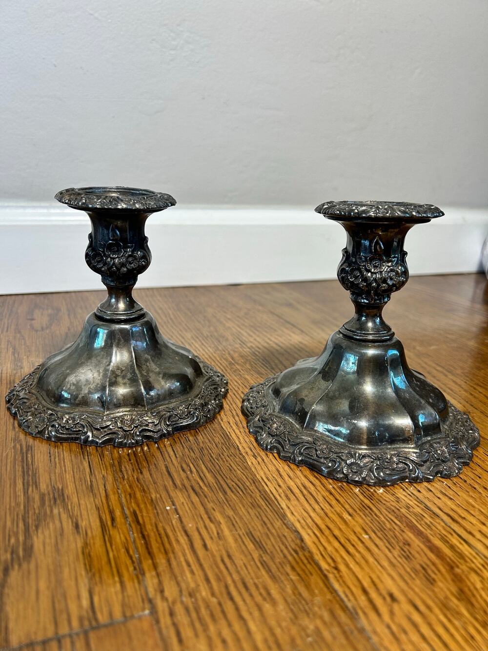 Vintage International Silver Countess Silverplate Candlesticks Pair Repousse
